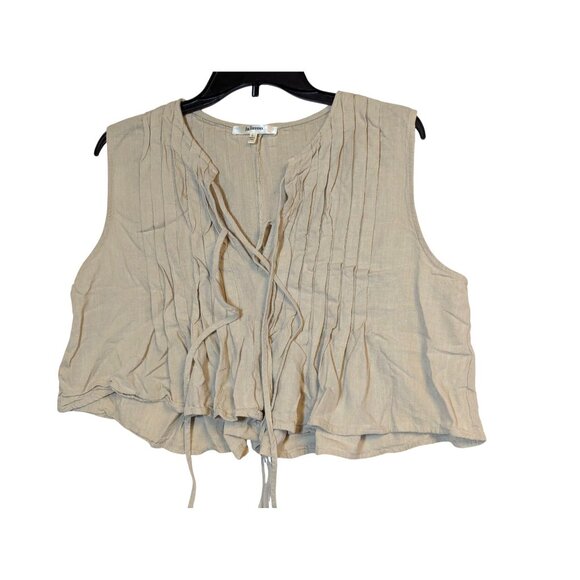 La Lavon Beige Sleeveless Pleated Crop Top With Tie Front Rayon & Linen Blend Li - Picture 2 of 6
